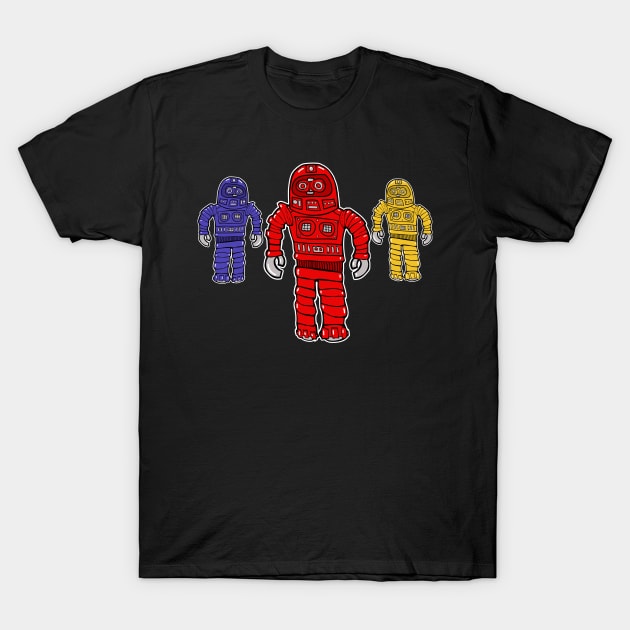 Red, Blue & Yellow Robots T-Shirt by RockettGraph1cs